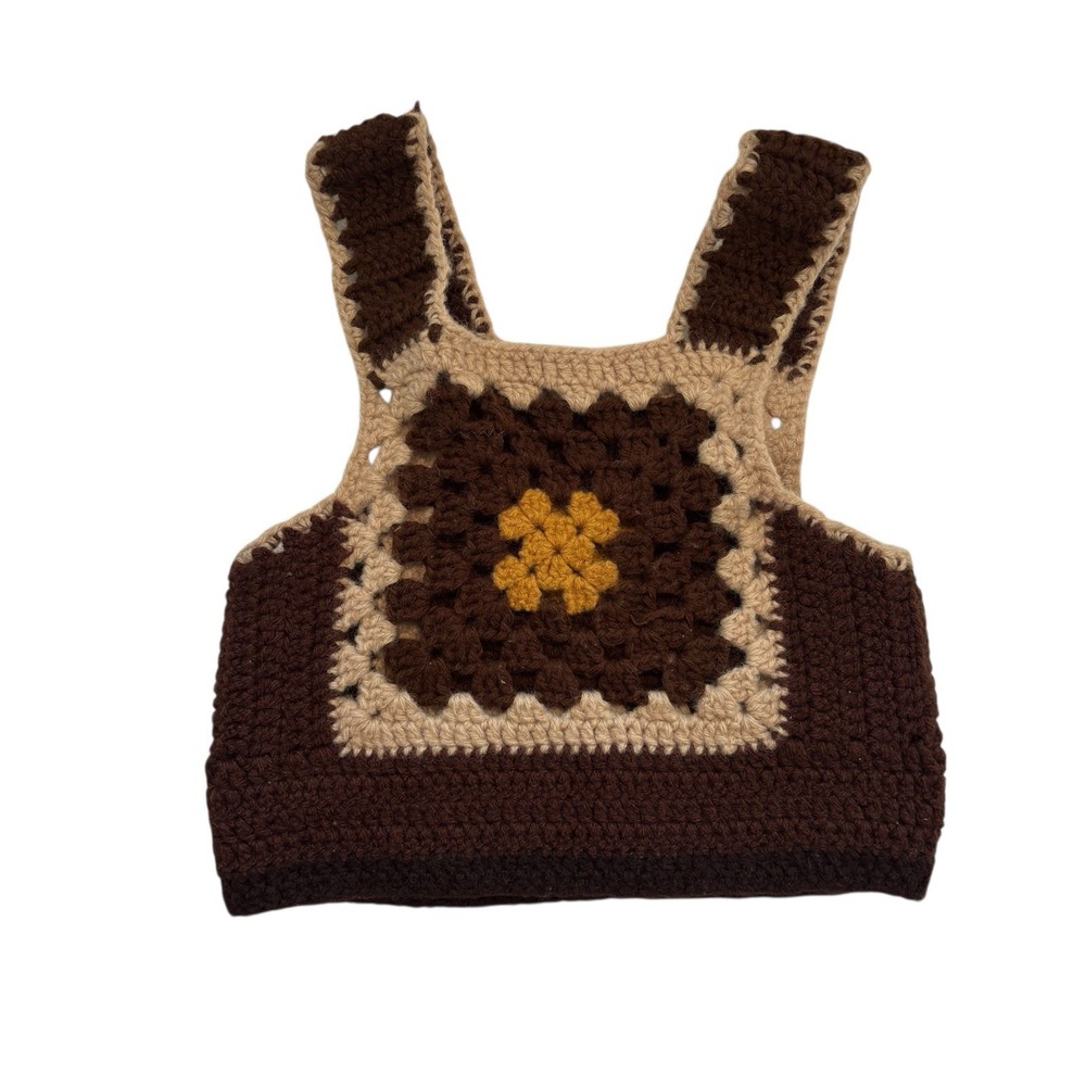 Crochet‎ Granny Square Sweater Vest  Orange Tan Brown Yellow Vintage 70's